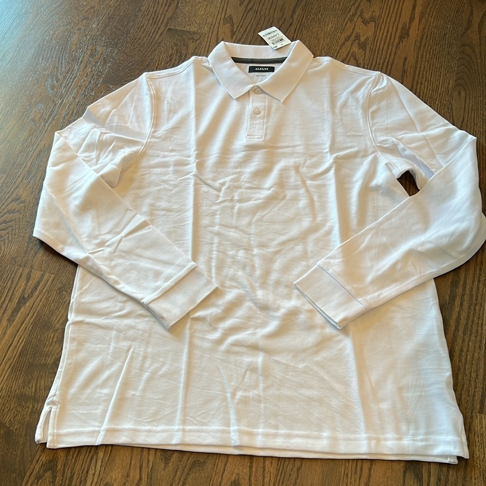 NWT Alfani long sleeve 2 button white cotton blend polo shirt size large